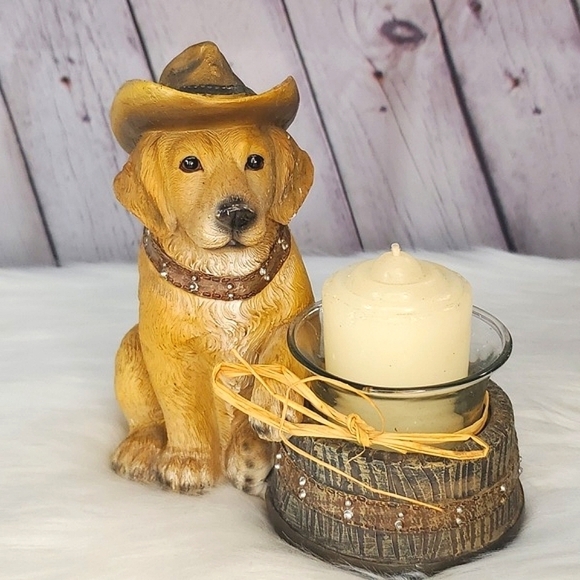 Western Cowboy Hat Yellow Labrador Retriever Dog Puppy Resin Candle Holder 6"x6" - Picture 12 of 16